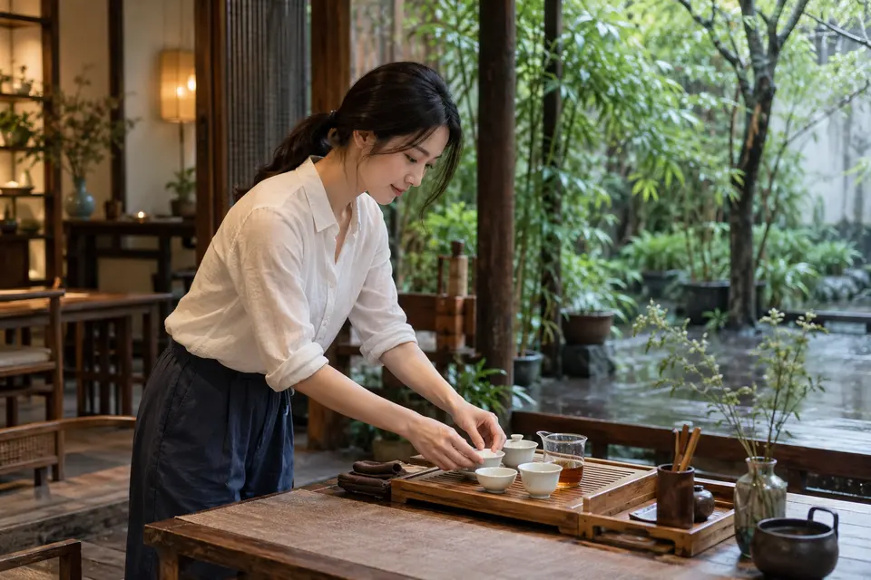 成都庭院茶席布置，竹制茶具与盖碗摆放于茶桌